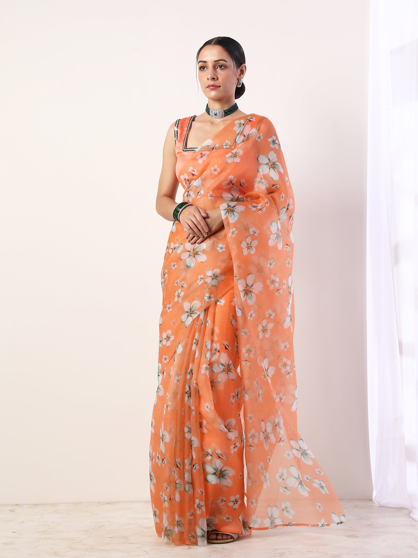Coral Printed organza saree with Coral Blouse(set of 2)