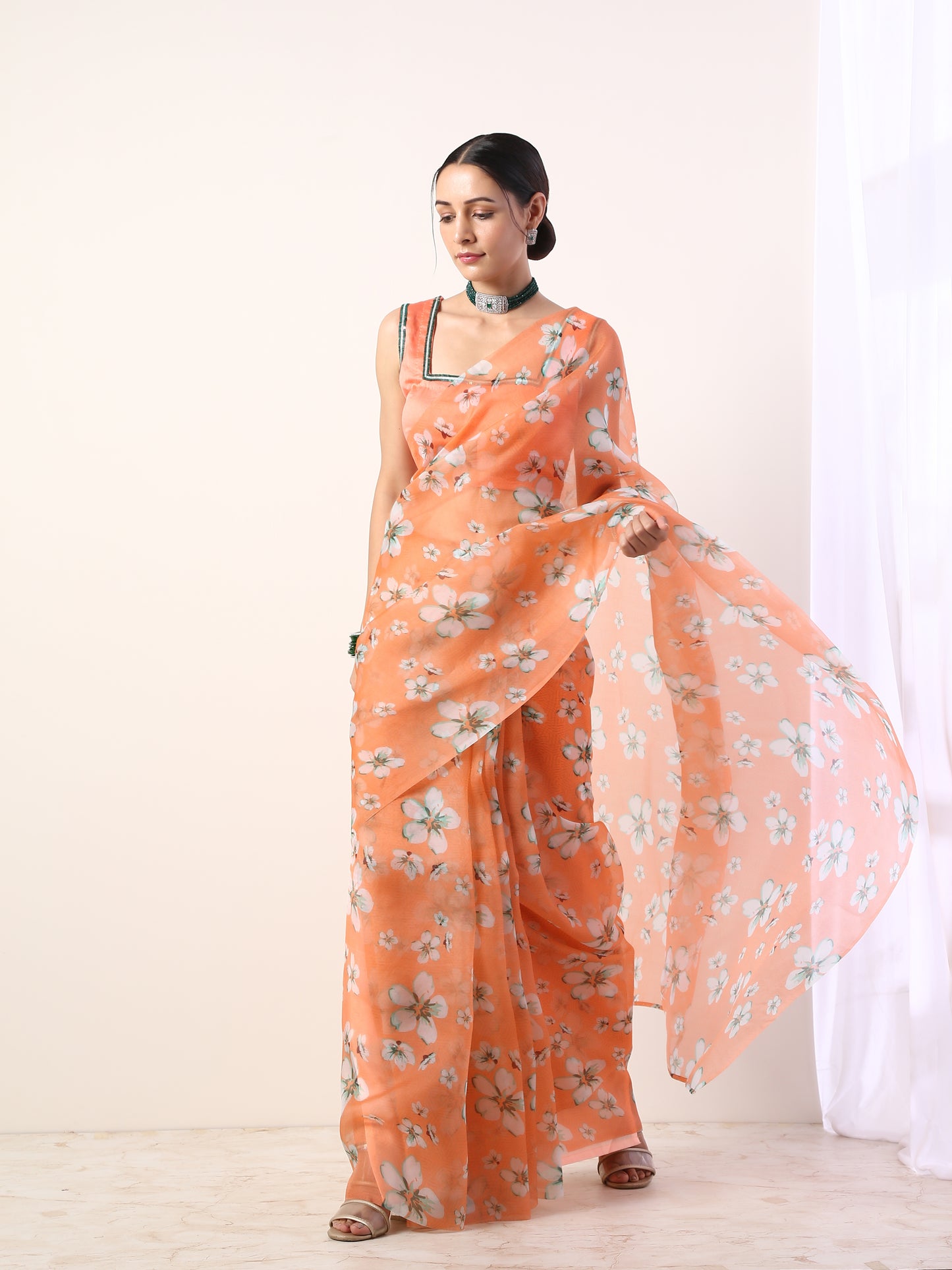 Coral Printed organza saree with Coral Blouse(set of 2)