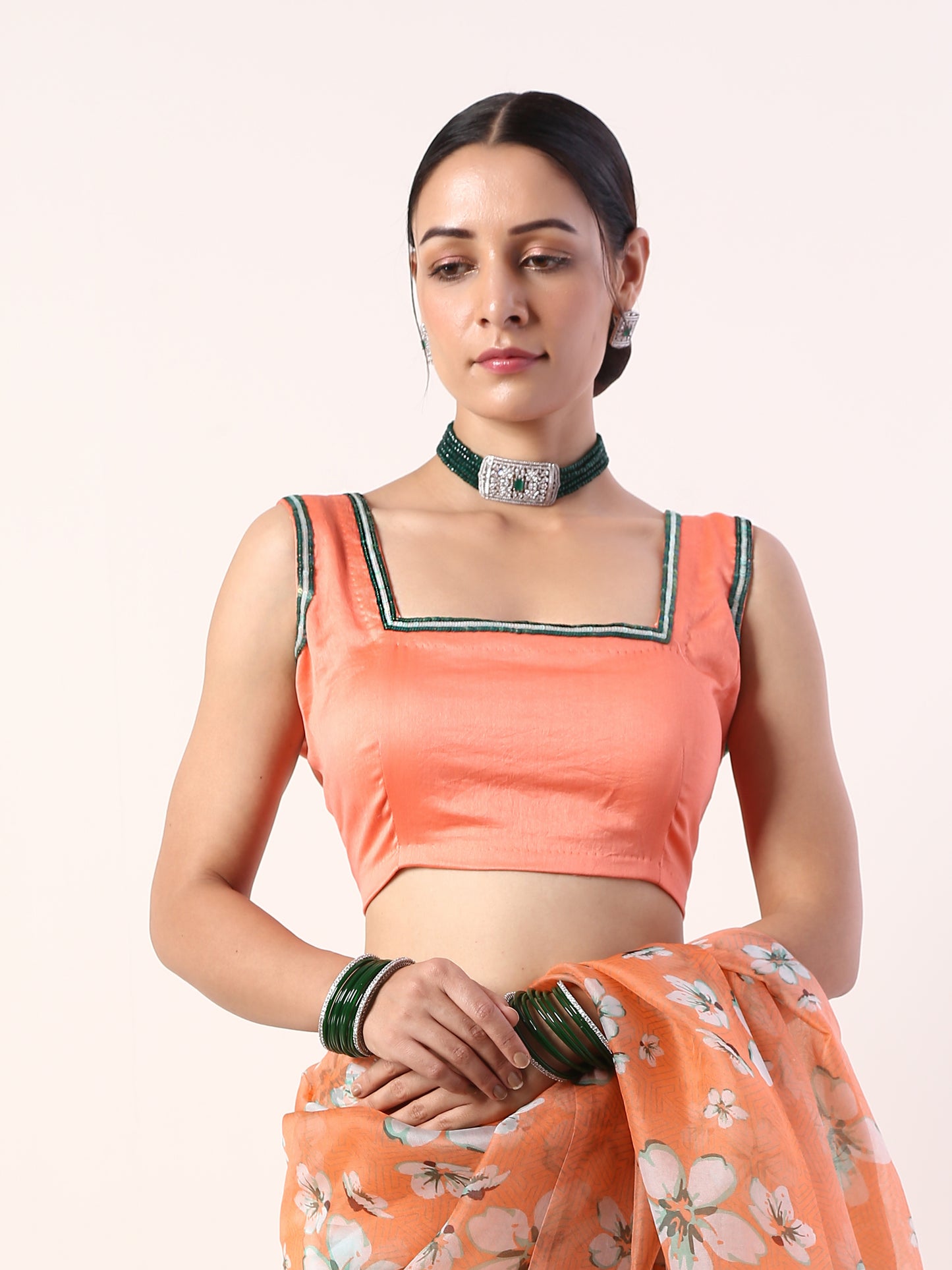 Coral Printed organza saree with Coral Blouse(set of 2)