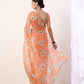 Coral Printed organza saree with Coral Blouse(set of 2)