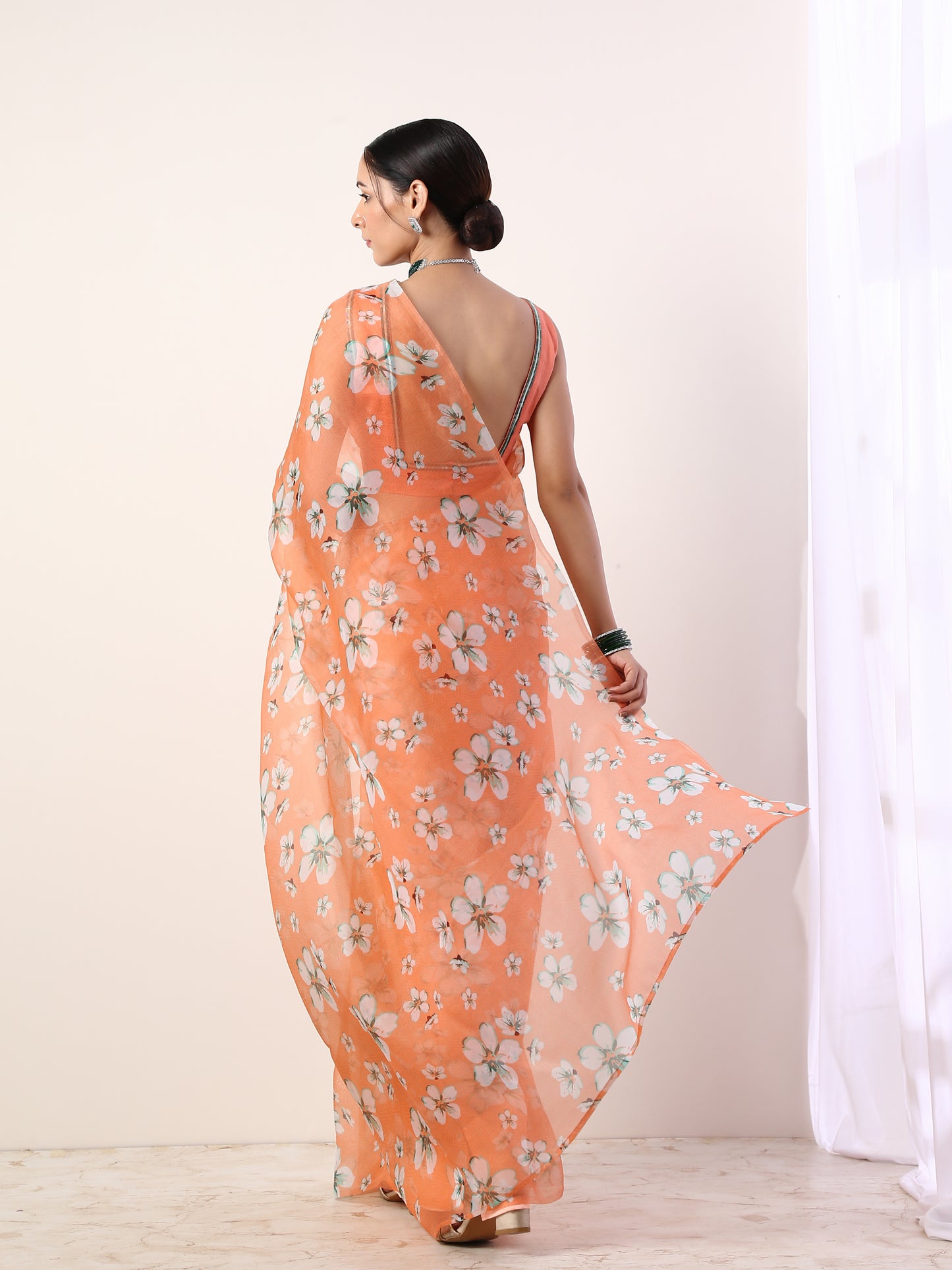 Coral Printed organza saree with Coral Blouse(set of 2)