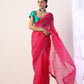 Solid Fuchsia embroidered organza saree (set of 2)