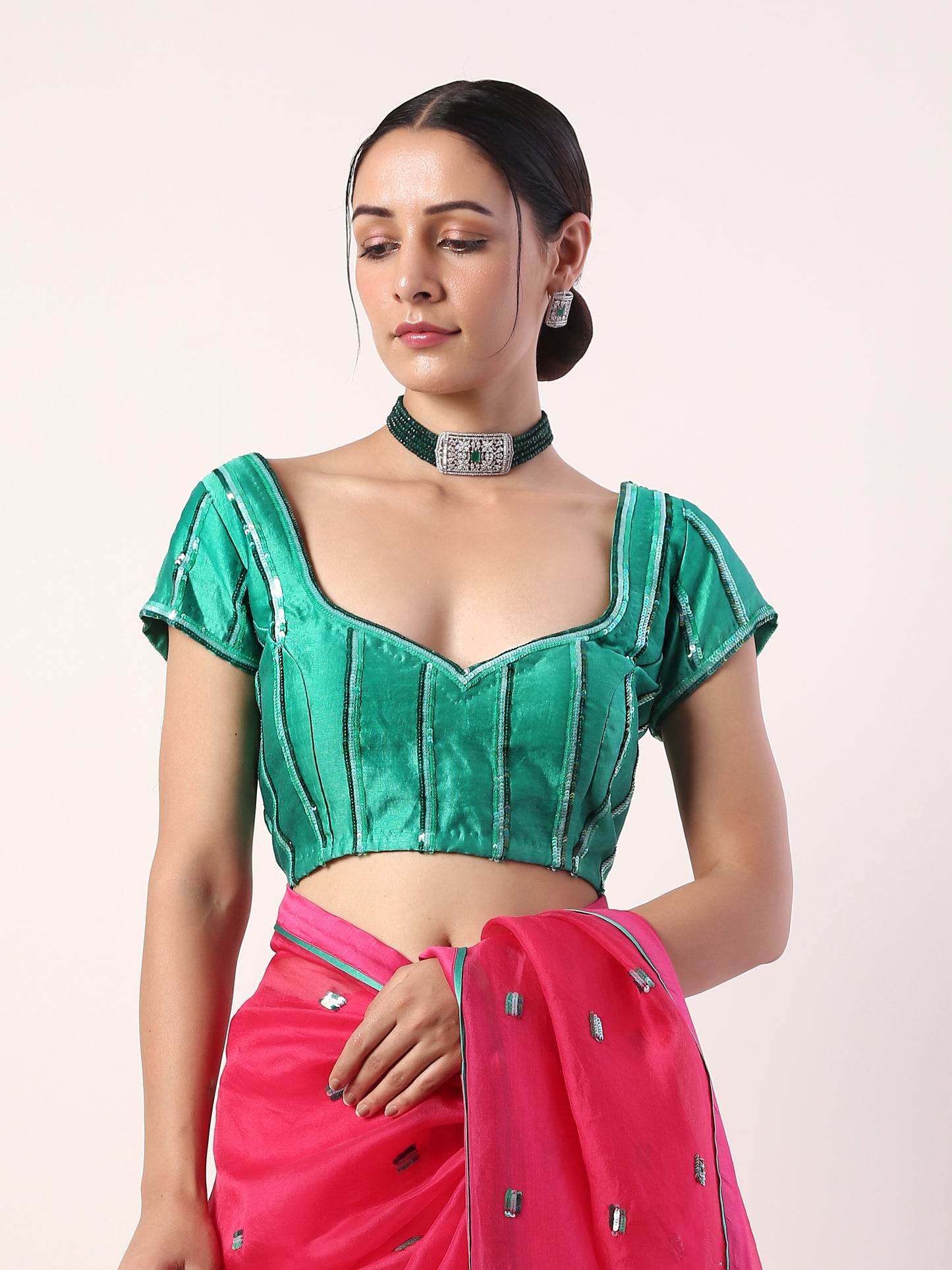 Solid Fuchsia embroidered organza saree (set of 2)