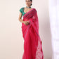 Solid Fuschia embroidered organza saree (set of 2)